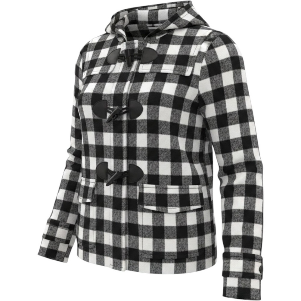 Love Tree Womens Buffalo Plaid Hooded Toggle Coat Black White Large